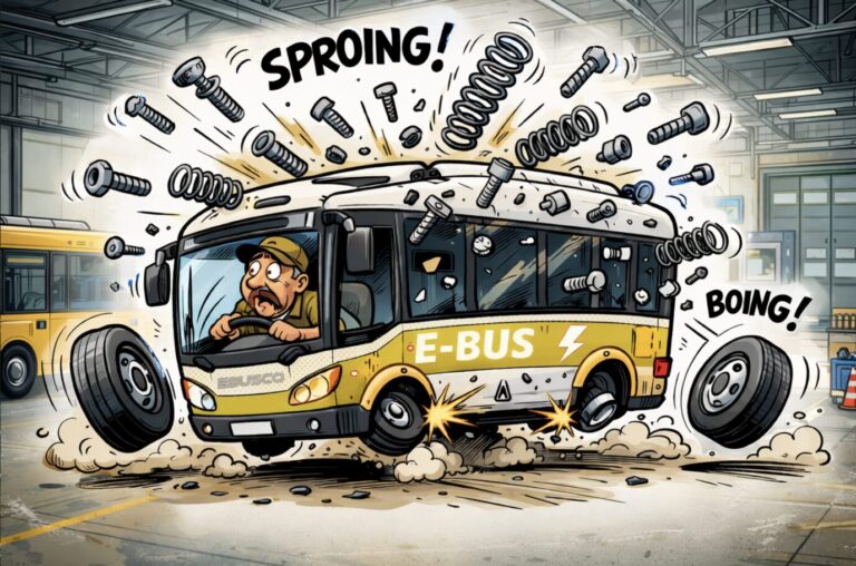 In einer comicartigen Grafik ist zu sehen, wie ein Bus auseinanderfällt – Niederländische E-Busse „Made in China“