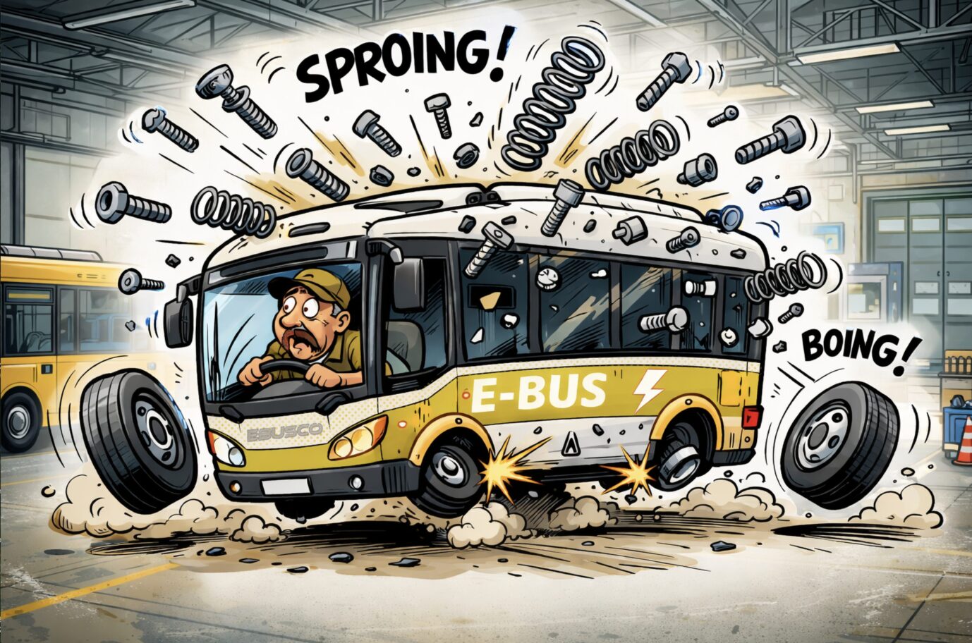 In einer comicartigen Grafik ist zu sehen, wie ein Bus auseinanderfällt – Niederländische E-Busse „Made in China“
