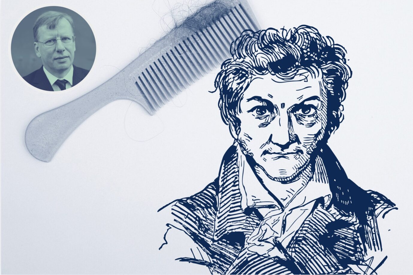 Man sieht ein gezeichnetes Porträt von E.T.A. Hoffmann, über ihm schwebt ein Kamm mit Haaren daran