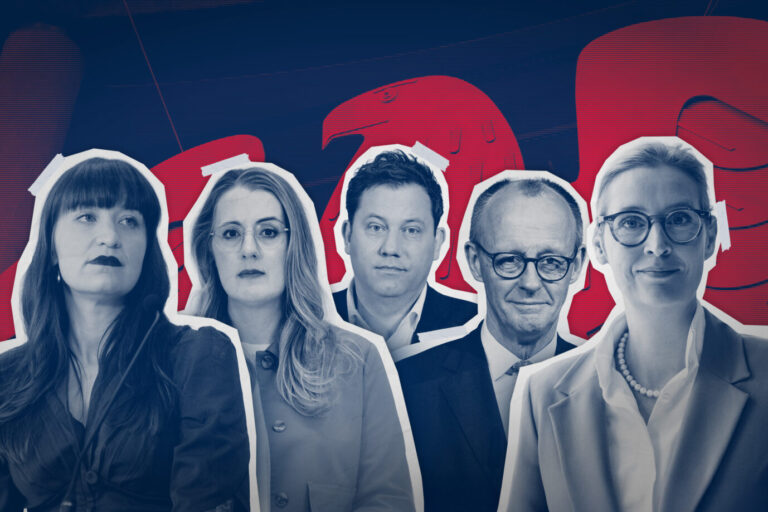Sechs einzeln freigestellte Porträtaufnahmen von Politikerinnen und Politikern aus Bundestag und Bundesregierung, nebeneinander angeordnet. Von links nach rechts sind Heidi Reichinnek, Katharina Dröge, Lars Klingbeil, Friedrich Merz und Alice Weidel zu sehen. Die Personen sind frontal oder leicht seitlich dargestellt und tragen formelle Kleidung. Der Hintergrund ist grafisch gestaltet in dunklen Blau- und Rottönen und verweist auf einen politischen Kontext. Der Bundesadler im Reichstagsgebäude: Was die Woche im Bundestag auf der Tagesordnung steht. Foto: Felix Scharnowski / JF; verw. Bilder: picture alliance / Geisler-Fotopress | Bernd Elmenthaler, picture alliance / Flashpic | Jens Krick, picture alliance / Metodi Popow, picture alliance / Chris Emil Janßen | Chris Emil Janssen, picture alliance/dpa | Christian Charisius