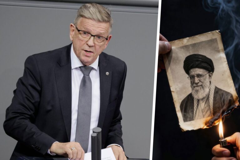 AfD-Außenpolitiker Gerold Otten, daneben ein Porträt des Ajatollahs Chamenei, das verbrannt wird.