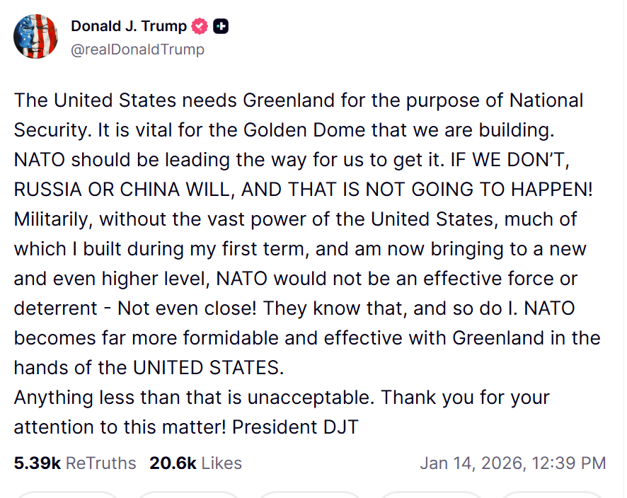 Auf Truth Social bekräftigt Trump, warum die USA aus seiner Sicht die Kontrolle über Grönland erlangen müssen. Screenshot: JF