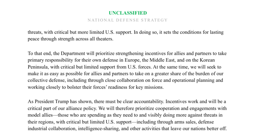 Ausschnitt aus der National Defence Strategy 2026 der USA. Foto: Pentagon