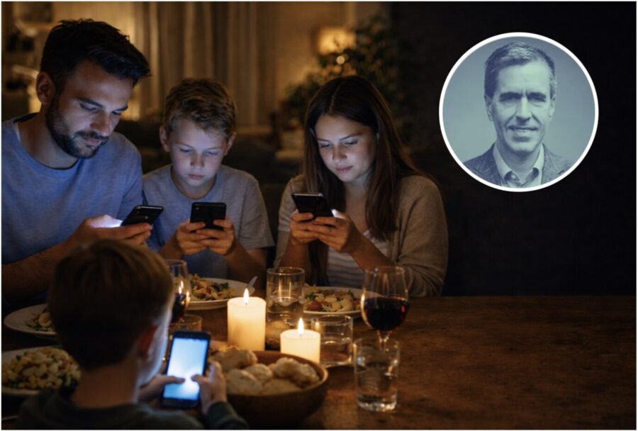 Bildmontage mit einer Familie am Eßtisch, die in Handys schaut