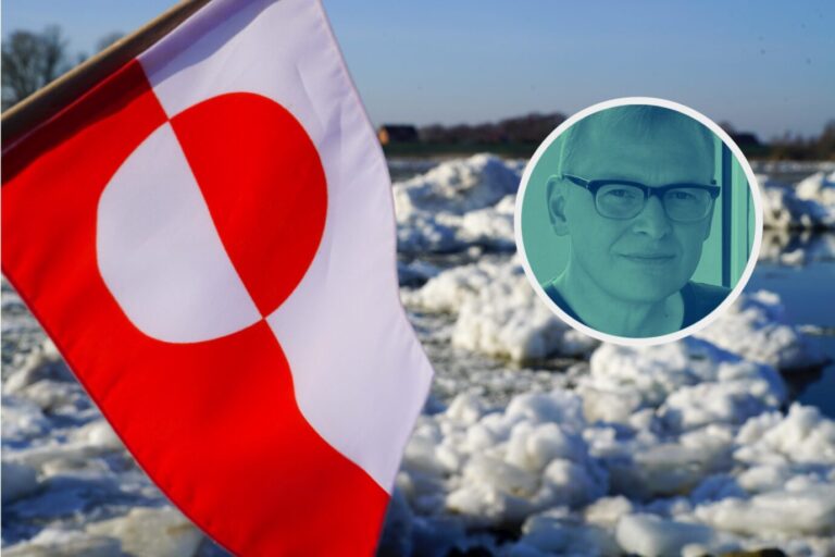Die weiß-rote Flagge Grönlands im Ewigen Eis: Ohne die Insel ist die Nato-Frühwarnung lückenhaft. (Themenbild/Collage)
