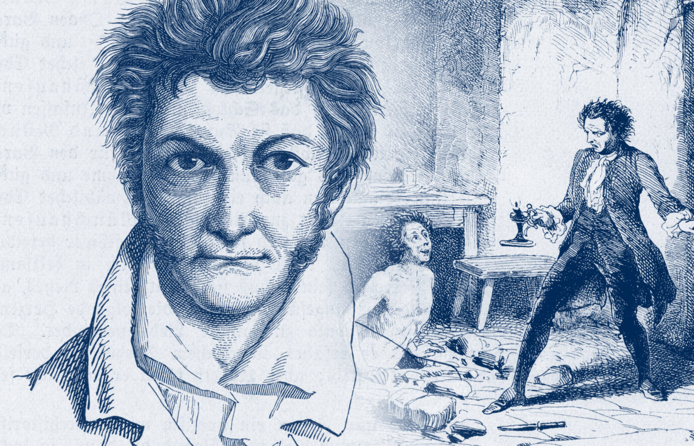 Man sieht eine Zeichnung, die E.T.A. Hoffmann darstellt, daneben eine andere Zeichnung, die eine Szene aus den „Elixieren des Teufels“ zeigt