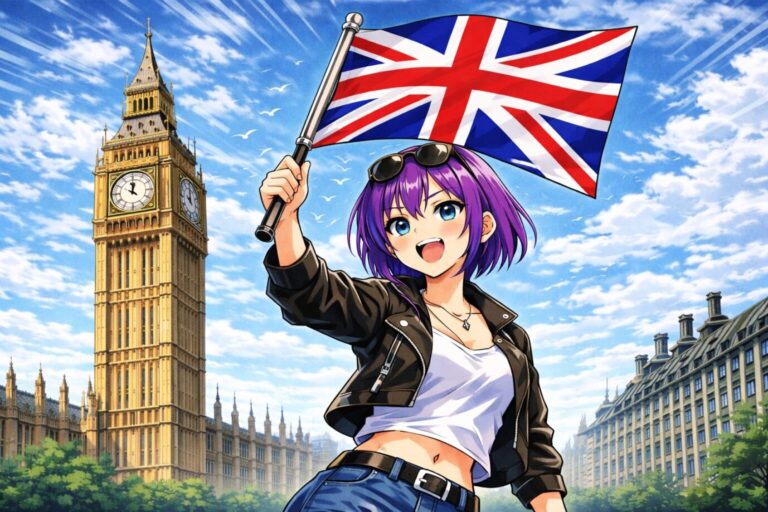 Ein niedliches Mädchen mit violetten Haaren schwenkt eine britische Flagge – es handelt sich um Amelia, ein rechtes Meme