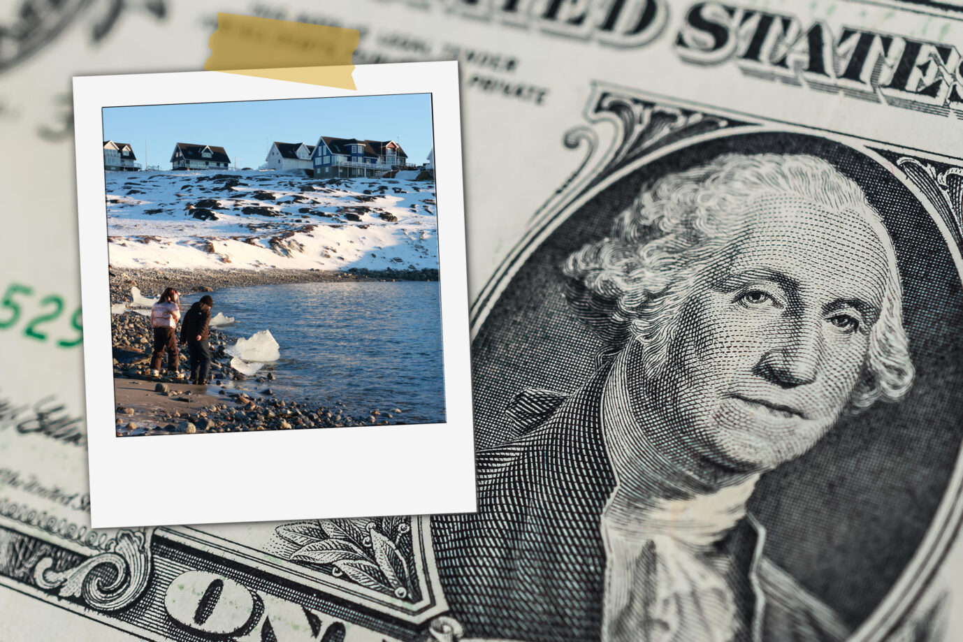 Eine Siedlung in Grönland ist an eine Dollarnote, den Greenback geklebt.