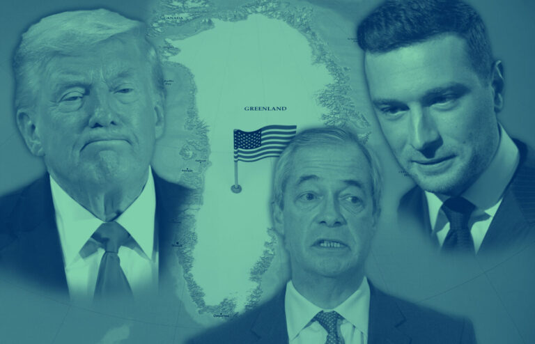 Man sieht eine Landkarte Grönlands und daneben drei Köpfe: US-Präsident Donald Trump, RN-Vorsitzender Jordan Bardella und Reform UK-Chef Nigel Farage