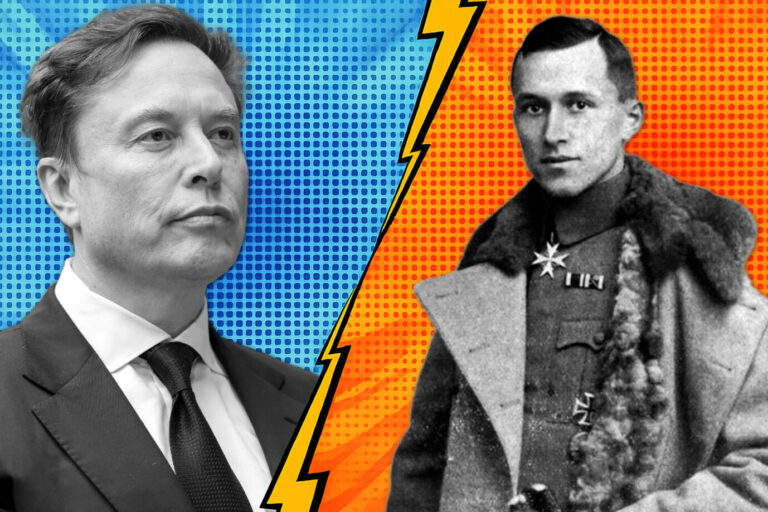 Links sieht man den Tech-Unternehmer Elon Musk u rechts den Schriftsteller Ernst Jünger.