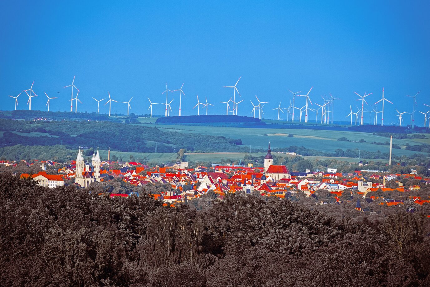 Blick auf die historische Altstadt von Naumburg, dahinter ein Windpark: Falscher Naturschutz zerstört offene Horizonte und so die Harmonie der Landschaft. Foto: JF