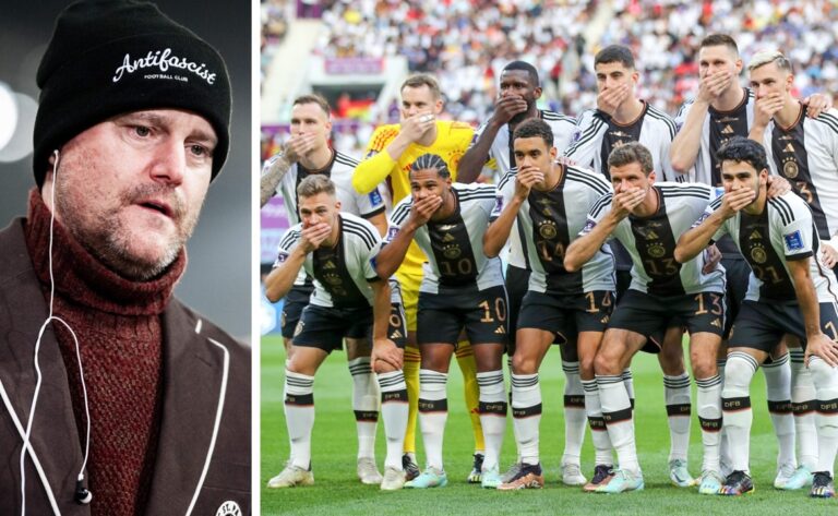WM-Boykott-Forderer und DFB-Vizepräsident Oke Göttlich mit „Antifascist“-Mütze sowie die deutsche Nationalelf bei ihrer umstrittenen Mund-zu-Geste bei der WM in Katar.