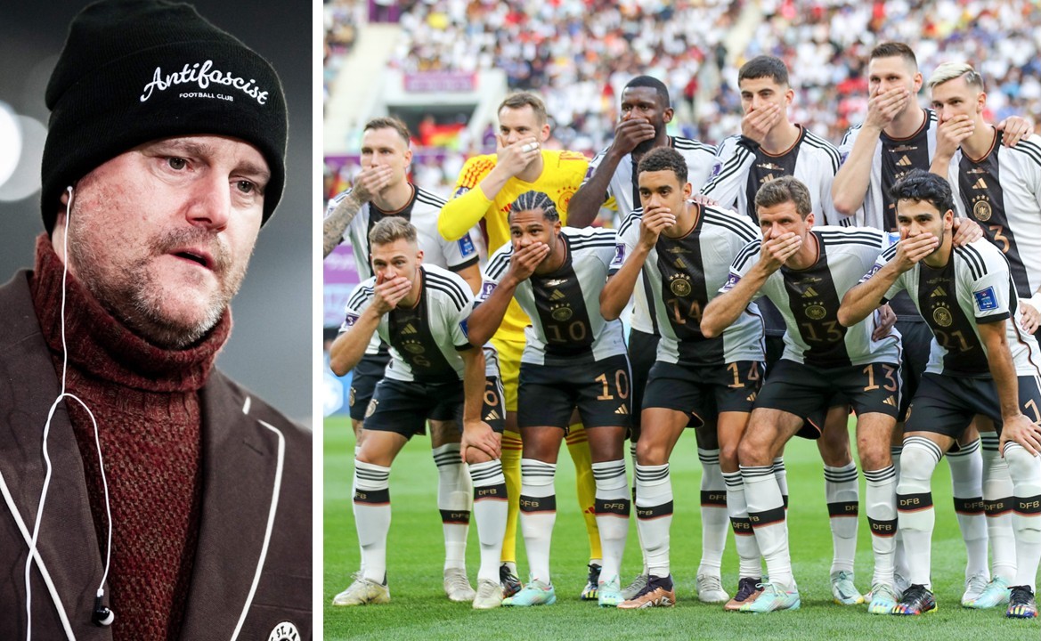 WM-Boykott-Forderer und DFB-Vizepräsident Oke Göttlich mit „Antifascist“-Mütze sowie die deutsche Nationalelf bei ihrer umstrittenen Mund-zu-Geste bei der WM in Katar.