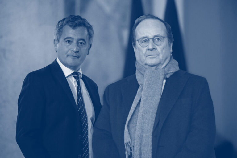 Zwei Männer stehen mit ernsten Gesichtern nebeneinander: Justizminister Gérald Darmanin (Renaissance-Partei) und Ex-Präsident François Hollande (Parti socialiste) distanzieren sich vom LFI