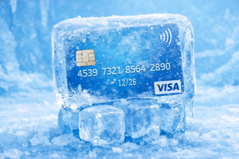 Eine Kreditkarte in einem Eisblock: De-Banking, eingefrorene Konten, sind die Hölle für Betroffene.