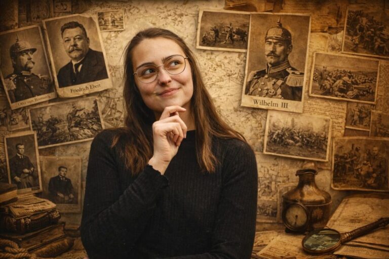 Man sieht eine junge Frau inmitten von Postkarten, die Motive der deutschen Geschichte zeigen – es handelt sich um die Influencerin "Geschichte mit Denise"