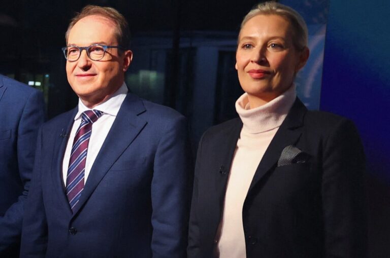 CSU-Politiker Alexander Dobrindt bei einer Wahlkampfsendung 2024 neben AfD-Chefin Alice Weidel.