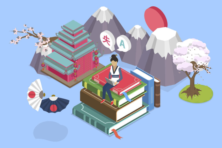 Illustration: Isometrische flache 3D Vektorgrafik der Sprachschule, Japanisch Lernkurs. Es ist ein Symbolbild für einen Text über das Unternehmen DeepL.