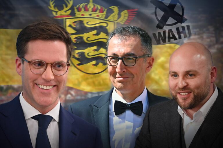 Die Ministerpräsidentenkandidaten für die Wahl in Baden-Württemberg (v.l.n.r.): Manuel Hagel (CDU), Cem Özdemir (Grüne) und Markus Frohnmaier (AfD).