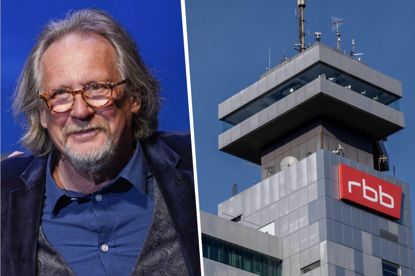 Links sieht man den Journalisten und Kolumnisten Harald Martenstein, daneben den Turm des RBB in Berlin