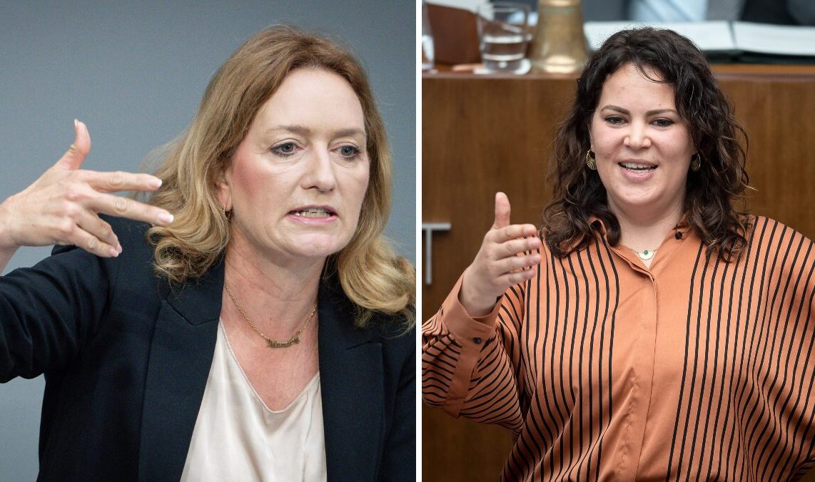 Die Linken-Bundestagsabgeordnete Caren Lay (links) und ihre Parteikollegin Sofia Leonidakis von der Bremer Bürgerschaft: Sie fordern „alle Nazis raus!“ Foto: picture alliance / Flashpic | Jens Krick und picture alliance/dpa | Focke Strangmann