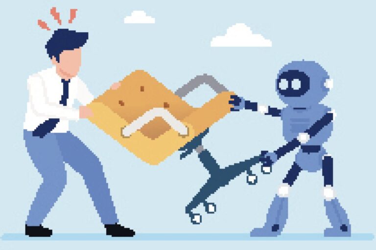 Ein Mensch kämpft mit einer Maschine um einen Bürostuhl: Mit der neuen Stufe der KI-Entwicklung ist der drohende Arbeitsplatzverlust die geringste Sorge.