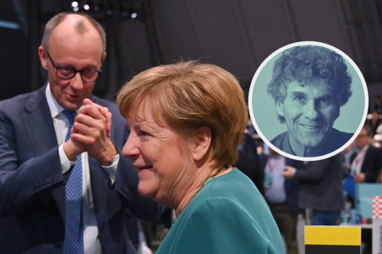 Bundeskanzler Friedrich Merz (CDU) dankt seiner einstigen Rivalin und Parteikollegin, Altkanzlerin Angela Merkel, auf dem CDU-Parteitag. (Themenbild/Collage)