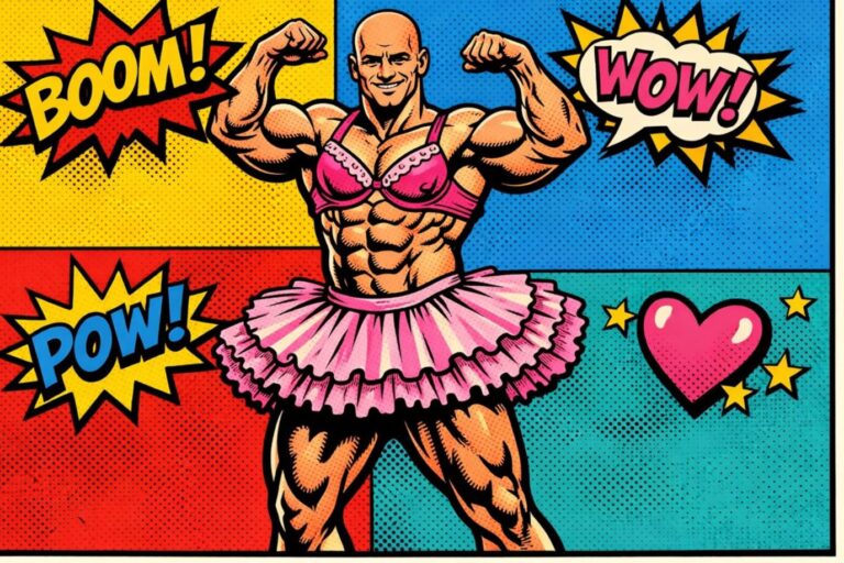 Das Bild ist KI-generiert und zeigt einen Bodybuilder in Frauenklamotten. Es ist ein Symbolbild für einen Kommentar zum Thema Walter „Waltraud“ P. aus Wien.
