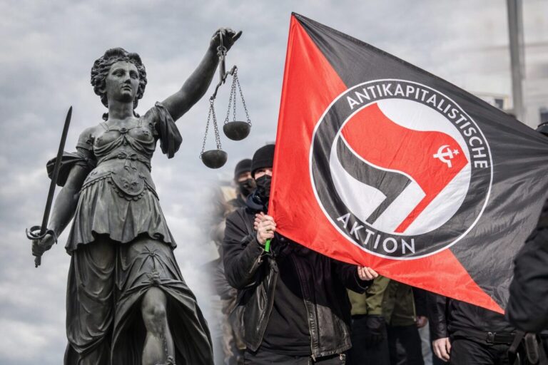 Justitia und eine Flagge der linksextremen Antifa