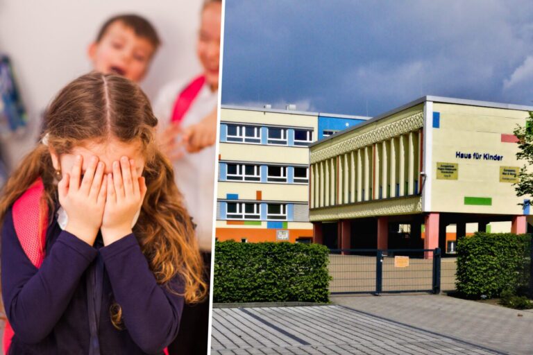 Mädchen, das gemobbt wird, und ein Gebäude der Regine-Hildebrandt-Grundschule