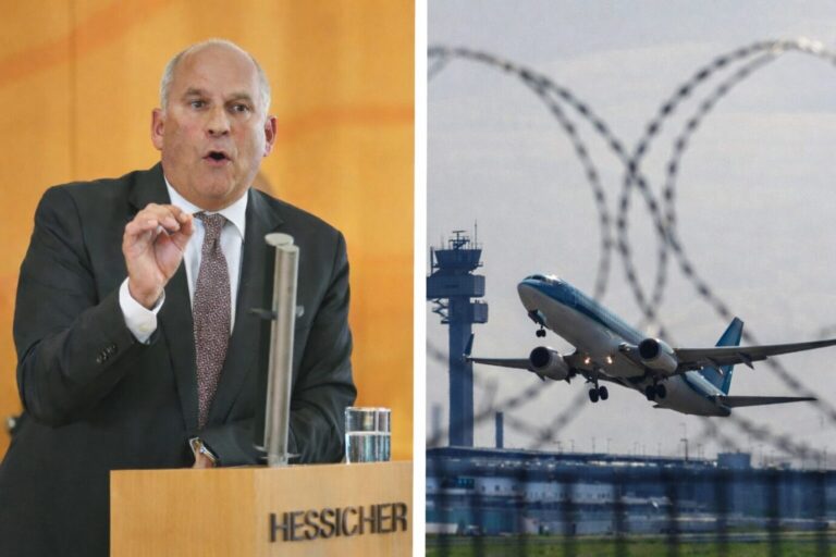 Hessens Innenminister Roman Poseck und ein Flugzeug, das Abschiebungen symbolisieren soll.