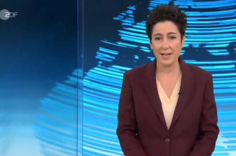 ZDF-„Heute-Journal“-Moderatorin Dunja Hayali bei der Ankündigung des Beitrags, das ein KI-generiertes Video zeigt.