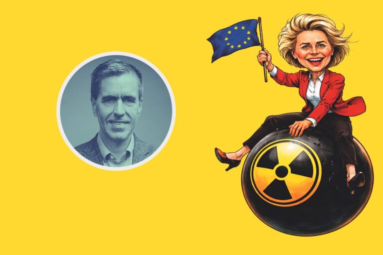 EU-Kommissionschefin Ursula von der Leyen sitzt auf der Atombombe (Karikatur): Kann Europa überhaupt gemeinsam nukleare Aufrüstung vorantreiben? (Themenbild/Karikatur/Collage)
