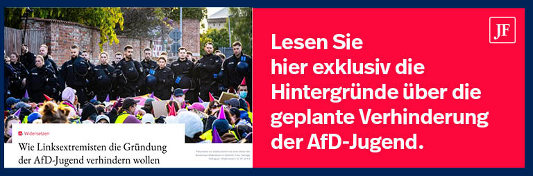 Die Werbegrafik bewirbt einen Text über Linksextremismus.