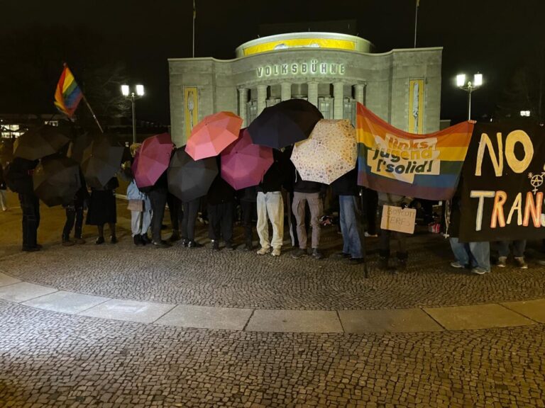 Das Bild zeigt Linke, die gegen Alice Schwarzer demonstrieren.