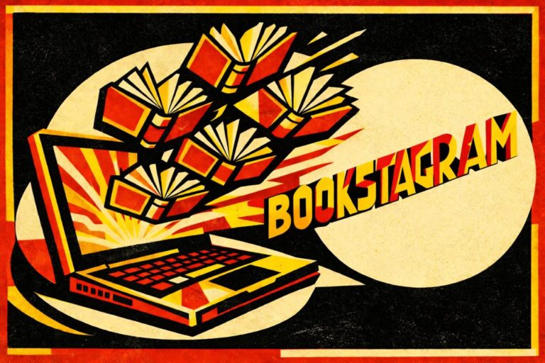 In einer stark stilisierten Grafik fliegen Bücher aus einem Bildschirm, daneben steht "Bookstagram"