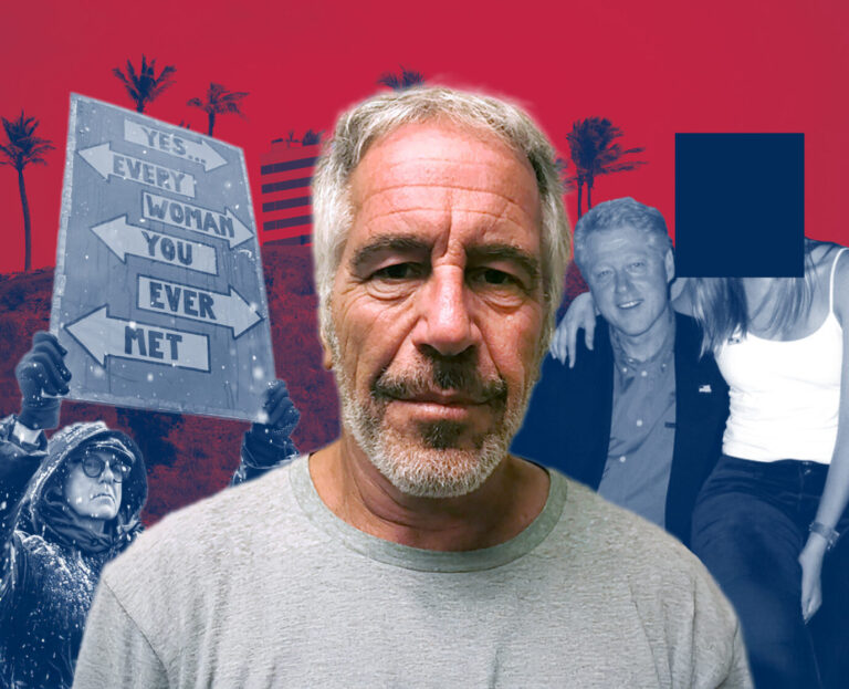 Jeffrey Epstein (m.), ein Demonstrant der „Me Too“-Bewegung (l.) und Bill Clinton mit einer Frau auf Epsteins Anwesen (r.). (Themenbild/Collage)