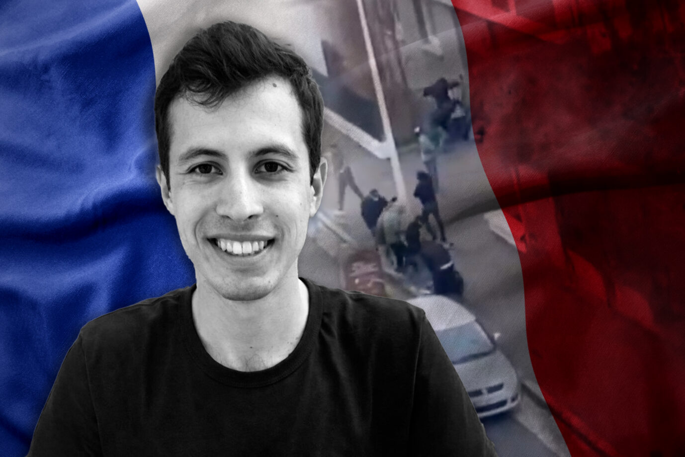 Im Vordergrund ist das Bild eines jungen Mannes zu sehen, der Identitäre Quentin D., der von Antifa-Mitgliedern ermordet wurde