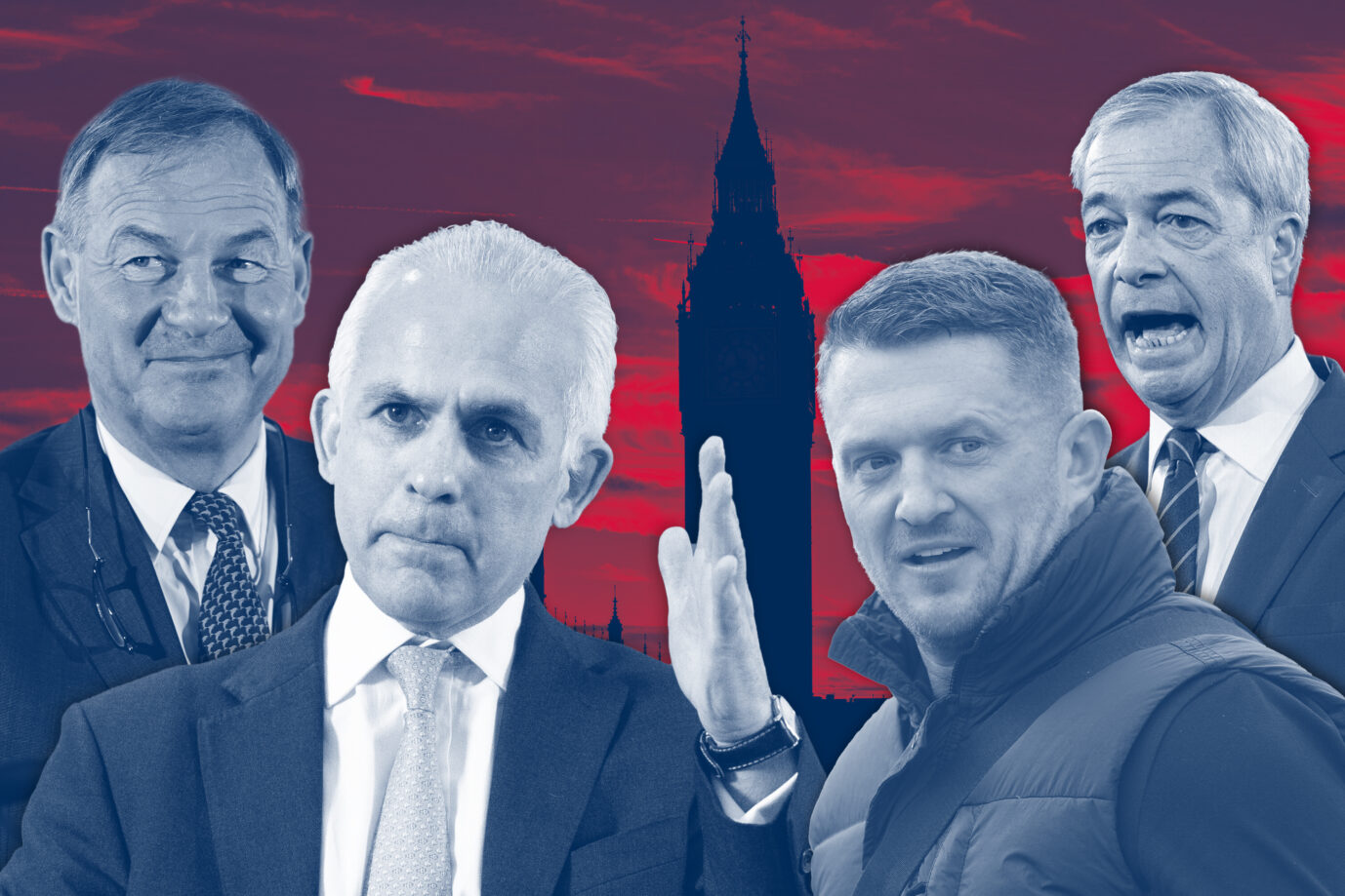 Rupert Lowe, Ben Habib, Tommy Robinson und Nigel Farage (v.l.n.r.): Die bekanntensten Gesichter der Rechten in Großbritannien. Der Kampf um die Dominanz im künftigen Westminster verschärft sich. (Themenbild/Collage)