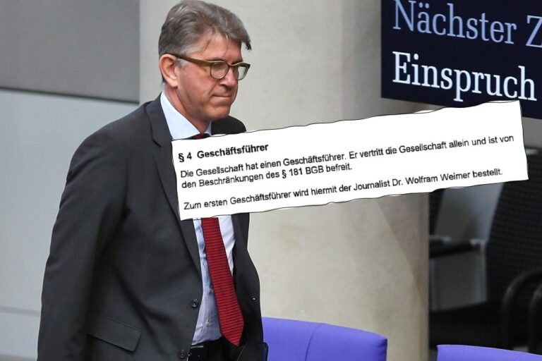 Wolfram Weimer bleibt alleiniger Geschäftsführer seiner obskuren GmbH, ändert aber jetzt den Geschäftszweck so, dass er mit dem Ministergesetz konform geht.