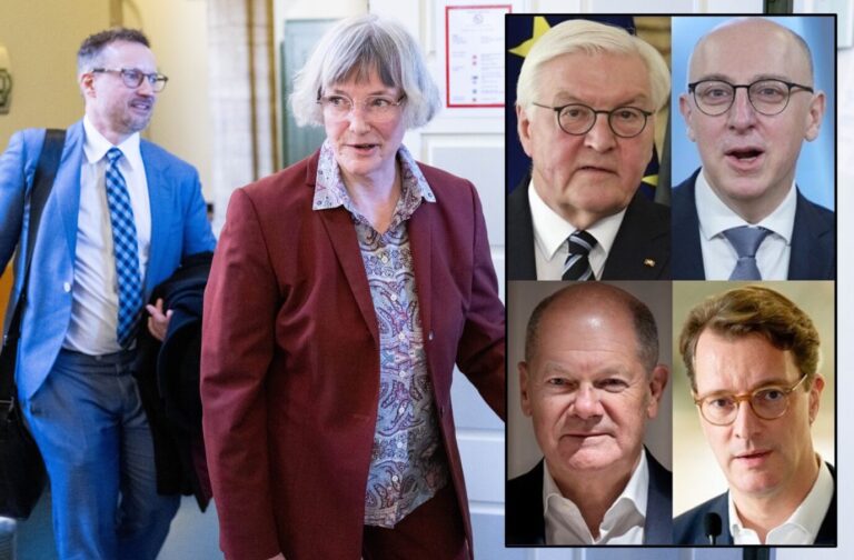 Die Sieger im „Correctiv“-Verfahren: Rechtsanwalt Carsten Brennecke, Gerrit Huy (AfD) mit den Verlierern (eingeblockt von links oben nach rechts unten): Präsident Steinmeier, Verfassungsschutz-Chef Selen, Ex-Kanzler Scholz, NRW-Ministerpräsident Wüst.