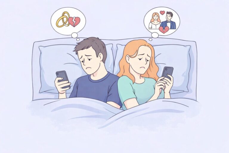 Das Bild zeigt einen Mann und eine Frau, beide liegen im Bett und gucken unglücklich auf ihre Handys. Es ist ein Symbolbild für einen Text über Geschlehchterunterschiede und Beziehungen.