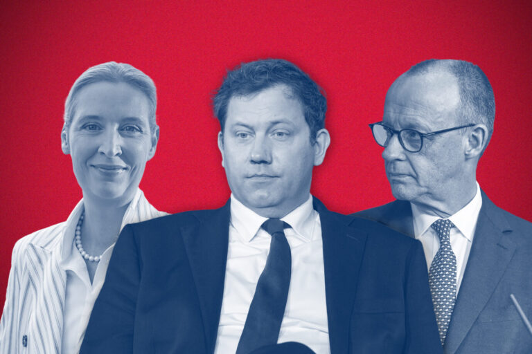 Das Bild zeigt die AfD-Chefin Alice Weidel, den SPD-Chef Lars Klingbeil und CDU-Chef und Bundeskanzler Friedrich Merz.