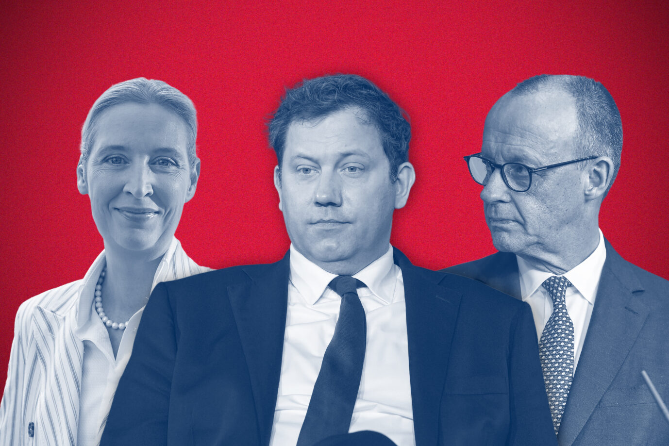 Das Bild zeigt die AfD-Chefin Alice Weidel, den SPD-Chef Lars Klingbeil und CDU-Chef und Bundeskanzler Friedrich Merz.