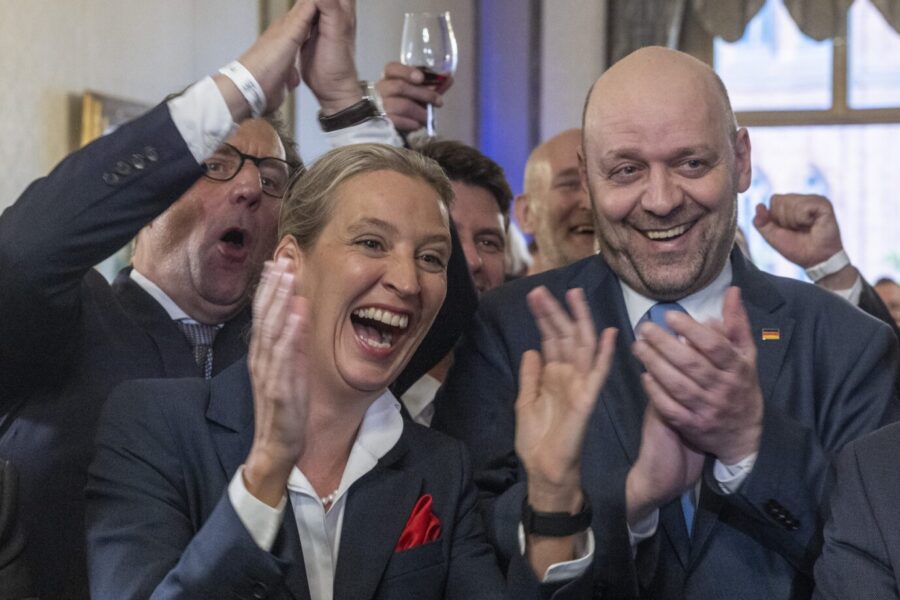 Freude bei AfD-Bundeschefin Alice Weidel und dem AfD-Landessprecher Robert Lambrou – hier bei der Landtagswahl 2023.