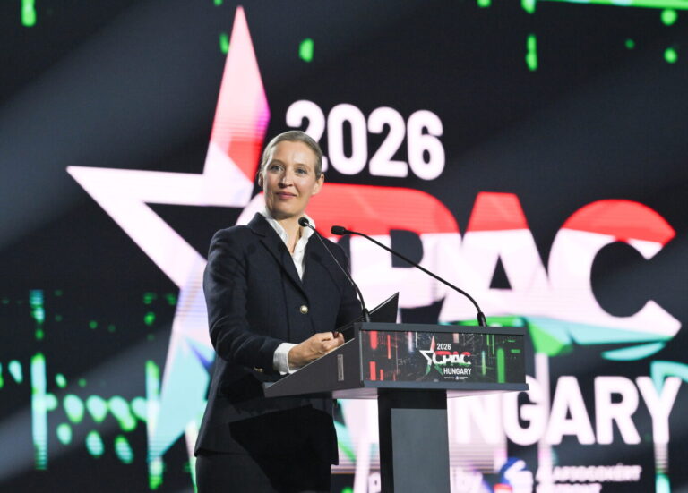 Co-Chairwoman of the Alternative for Germany (AfD) party Alice Weidel speaks at the Conservative Political Action Conference, CPAC, in Budapest, Hungary, Saturday, March 21, 2026. (Noemi Bruzak/MTI via AP) Orban.