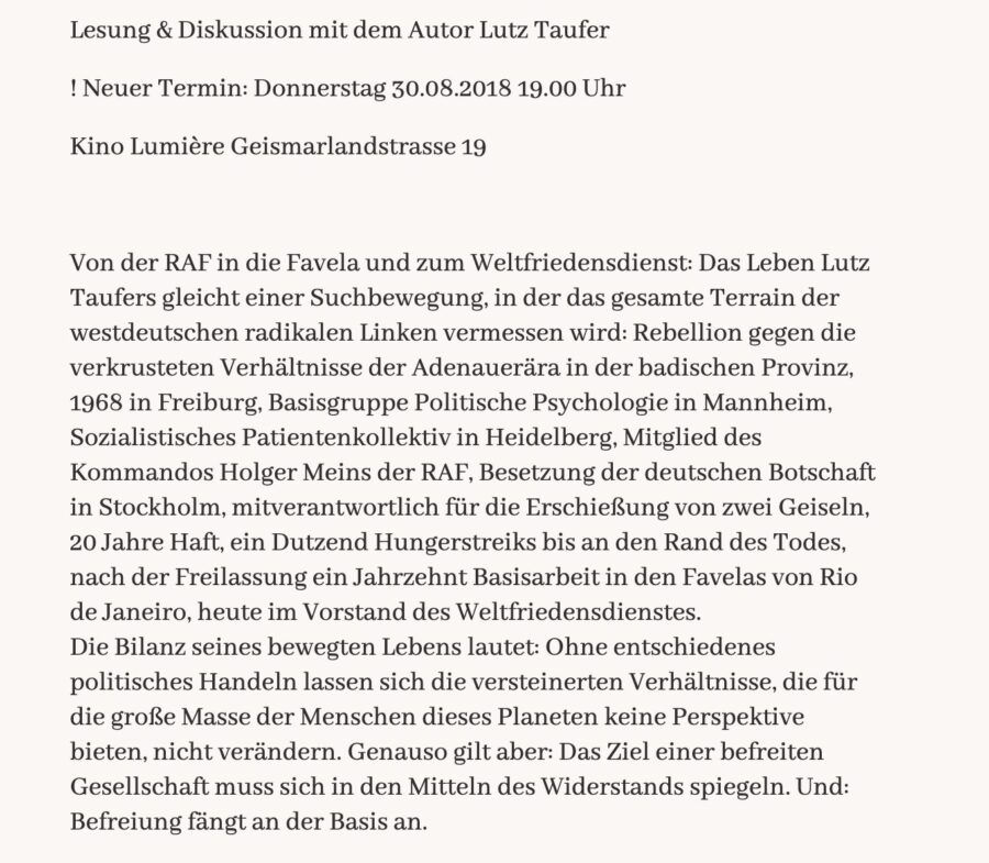 Auf einer weißen Fläche ist schwarze Schrift zu sehen: Es handelt sich um eine Veranstaltungsankündigung von 2018: Damals las der Ex-RAF-Terrorist Lutz Taufer im Roten Buchladen. 