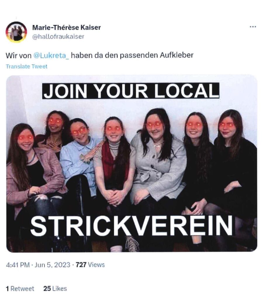 Meme aus einem X-Beitrag von Marie-Thérèse Kaiser, den der Verfassungsschutz als Beleg für Verbindungen zur Gruppe „Lukreta“ anführt. Foto: Niedersächsischer Verfassungsschutz