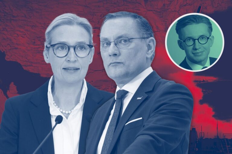 Die AfD-Chefs Weidel und Chrupalla vor einer Karte des Irans und einer Rakete. Ihr Pressestatement sorgt für Wirbel