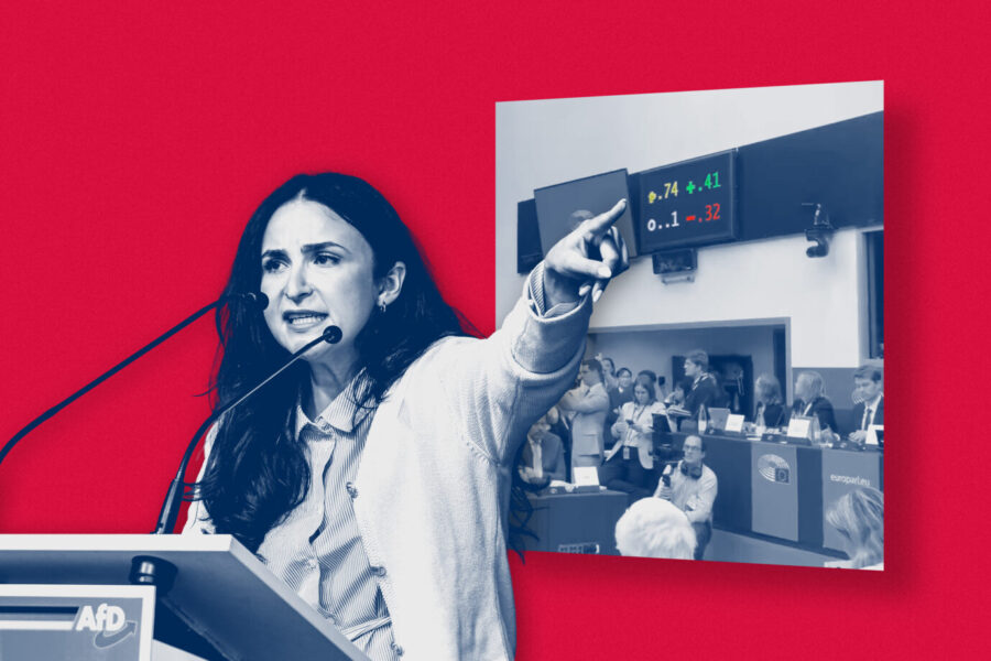 Die ESN-Abgeordnete Mary Khan (AfD) richtet triumphierend einen Finger auf einen Bildschirm, der zeigt das Abstimmungsergebnis einer EU-Abstimmung, die hat nämlich die Migrationspolitik verschärft